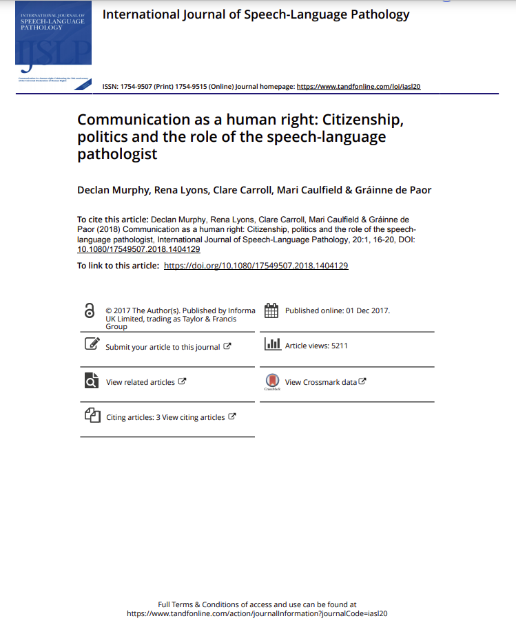 Cover art for: Communication as a Human Right: Citizenship, politics and the role of the speech language pathologist.