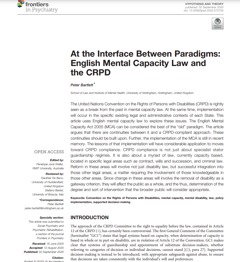 Cover art for: At the Interface Between Paradigms: English Mental Capacity Law and the CRPD