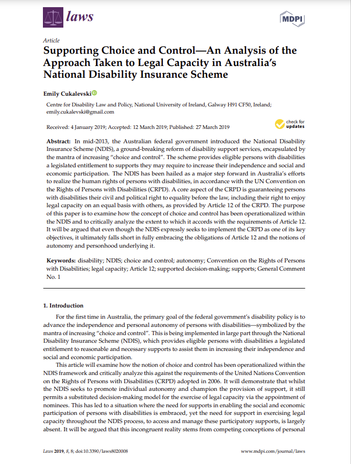 Cover art for: Supporting Choice and Control: An analysis of the approach taken to legal capacity in Australia’s National Disability Insurance Scheme