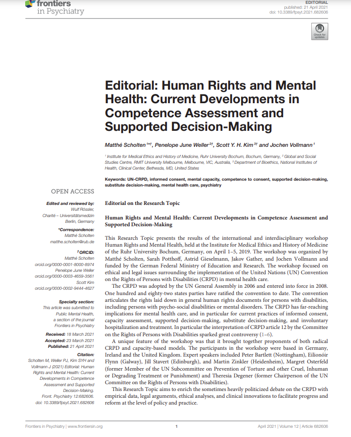 Cover art for: Editorial: Human Rights and Mental Health: Current Developments in Competence Assessment and Supported Decision Making