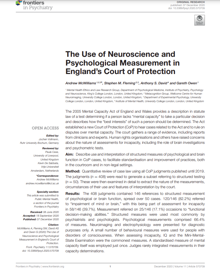 Cover art for: The use of neuroscience and psychological measurement in England’s Court of Protection