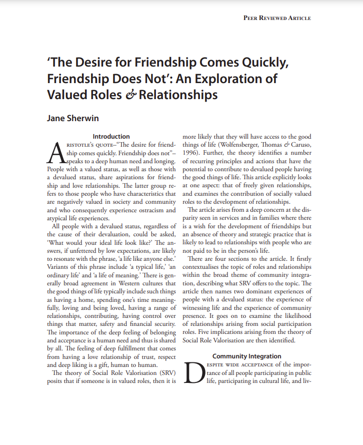 Cover art for: ‘The Desire for Friendship Comes Quickly,  Friendship Does Not’: An Exploration of  Valued Roles & Relationships
