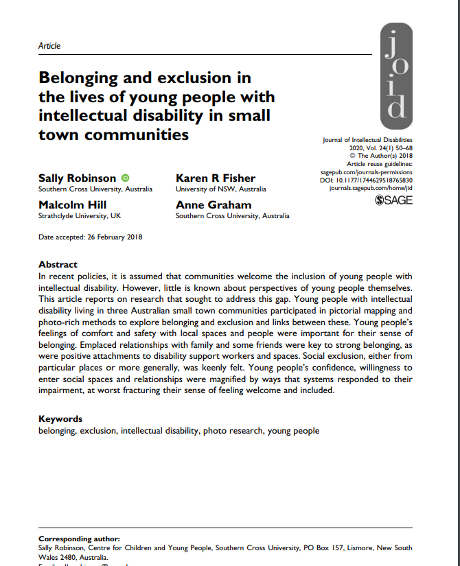 Cover art for: Belonging and exclusion in the lives of young people with intellectual disability in small town communities